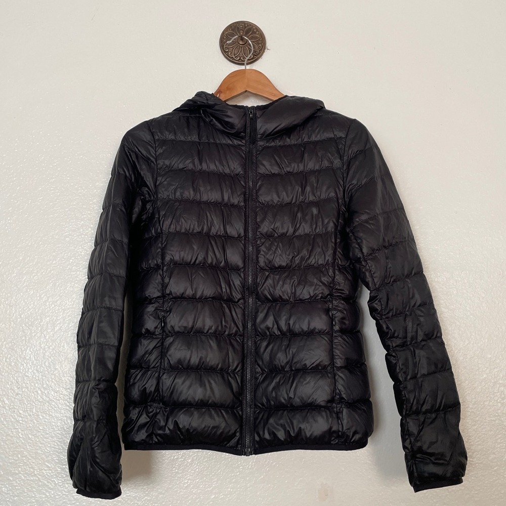 Uniqlo Ultra Light Down Hooded Puffer Jacket Black Womens Small Full Zip Padded